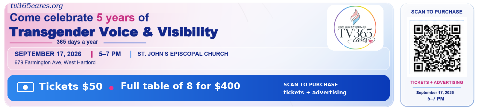 TV365 fifth anniversary celebration, September 17, 2026, 5–7 PM at St. John’s Episcopal Church, 679 Farmington Avenue, West Hartford. Tickets $50; full table of eight $400. The banner includes a ticket QR code.